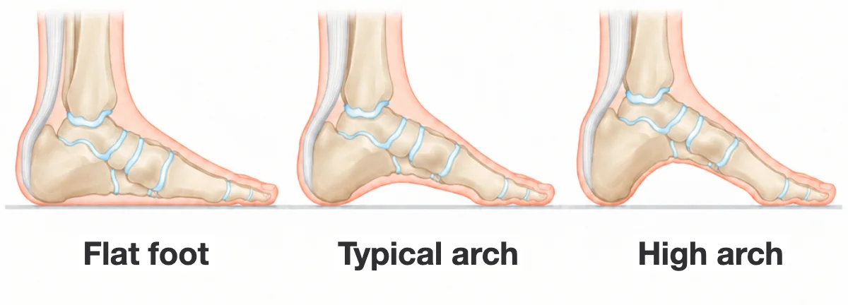 Three feet seen from the inner side: a flat foot with the arch on the floor, a typical arch with a small gap, and a high arch with a large gap.