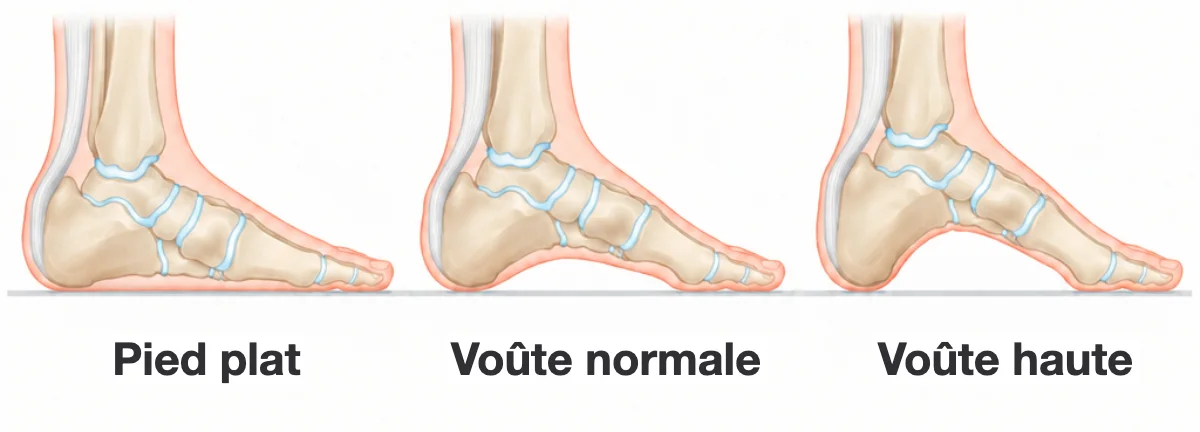 Trois pieds vus du côté intérieur sur un sol plat : un pied plat dont la voûte repose au sol, une voûte normale avec un petit espace dessous et une voûte haute avec un grand espace sous le milieu du pied.