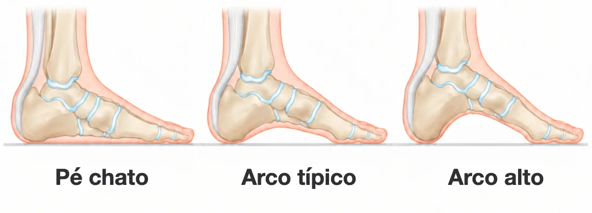 Três pés vistos pelo lado de dentro sobre um chão plano: um pé chato com o arco apoiado no chão, um arco típico com um pequeno espaço embaixo e um arco alto com um grande espaço sob o meio do pé.