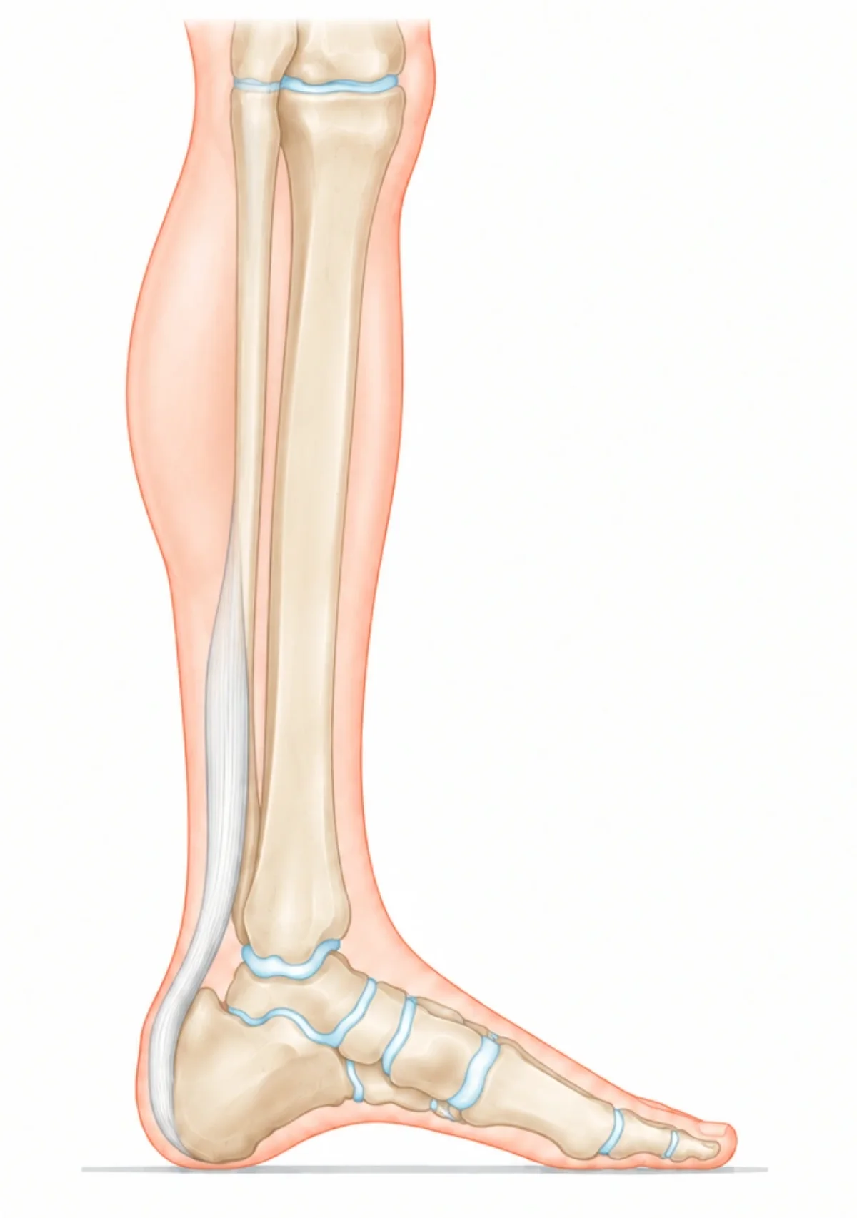 Inner side of a right lower leg and foot, showing the shin, the Achilles tendon, the heel, the ankle, the arch and the big toe.