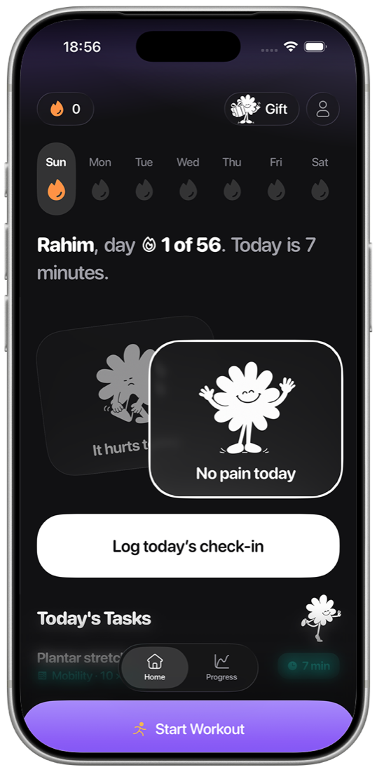 Walkito on iPhone: the week as seven flames, today's check-in, and the day's tasks.