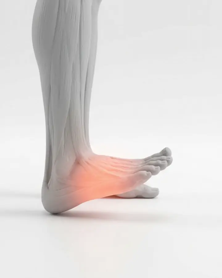 A foot on the ground with the big toe raised and the other four toes flat, the extensor muscle highlighted