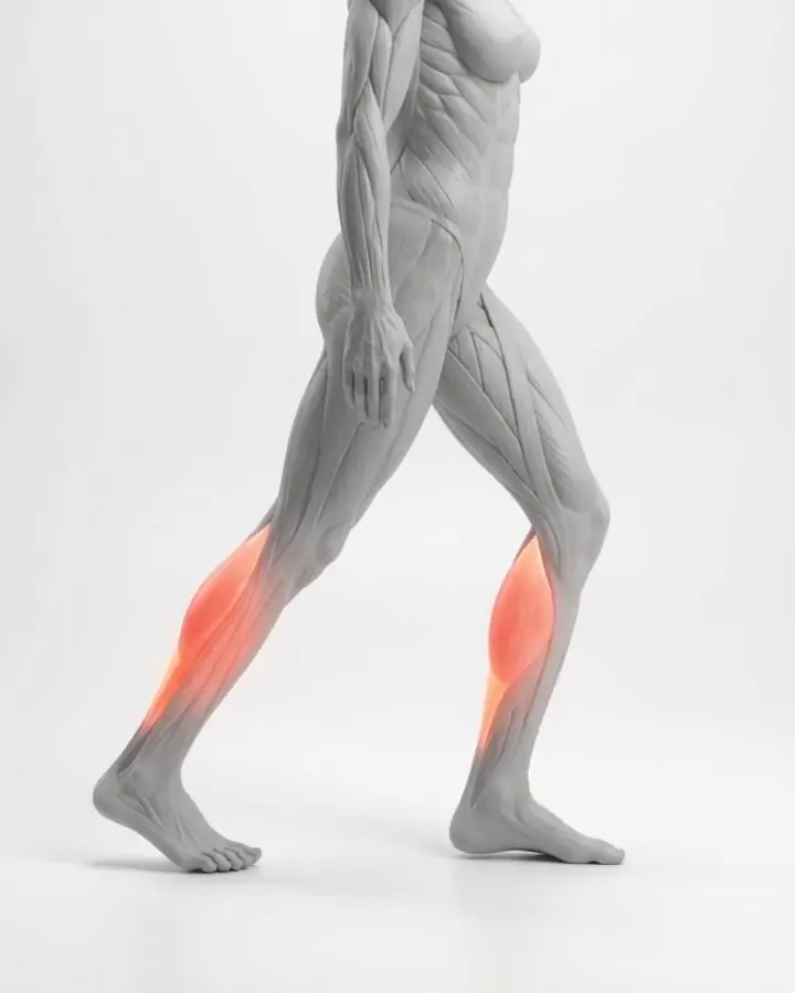 A figure in a wall stretch with the back knee bent, the lower calf highlighted