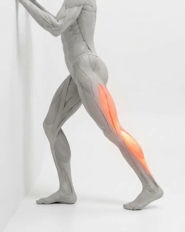 A figure leaning on a wall with the back leg straight, the calf highlighted