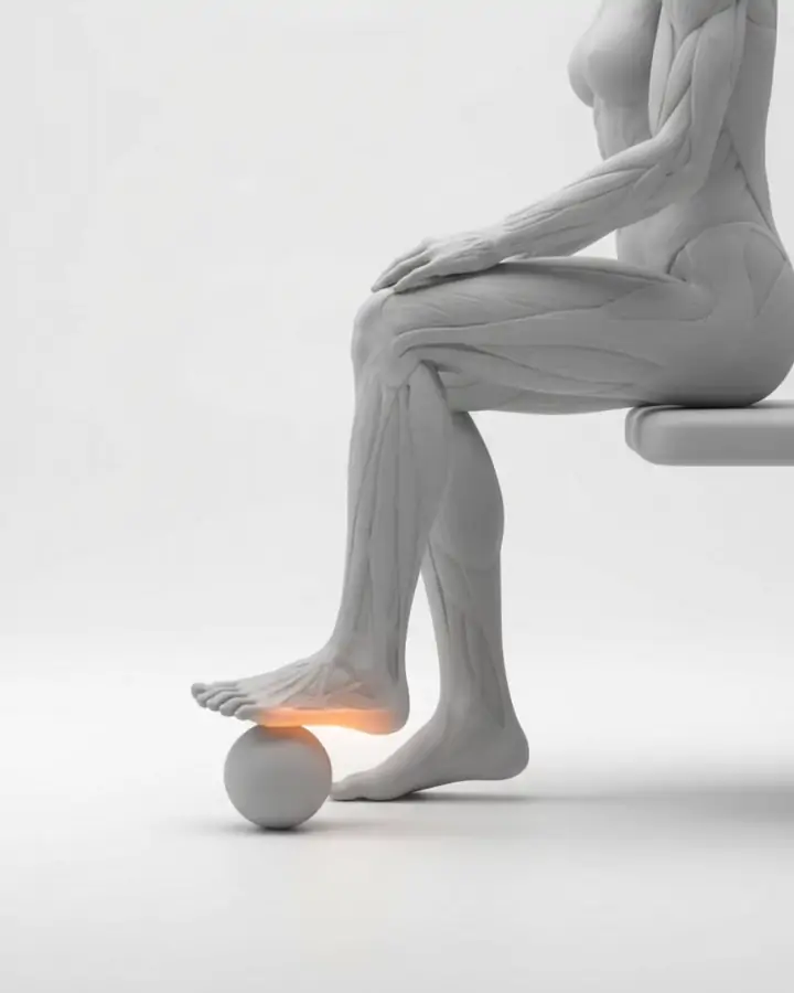 A seated figure rolling the sole of one foot over a ball, the sole highlighted