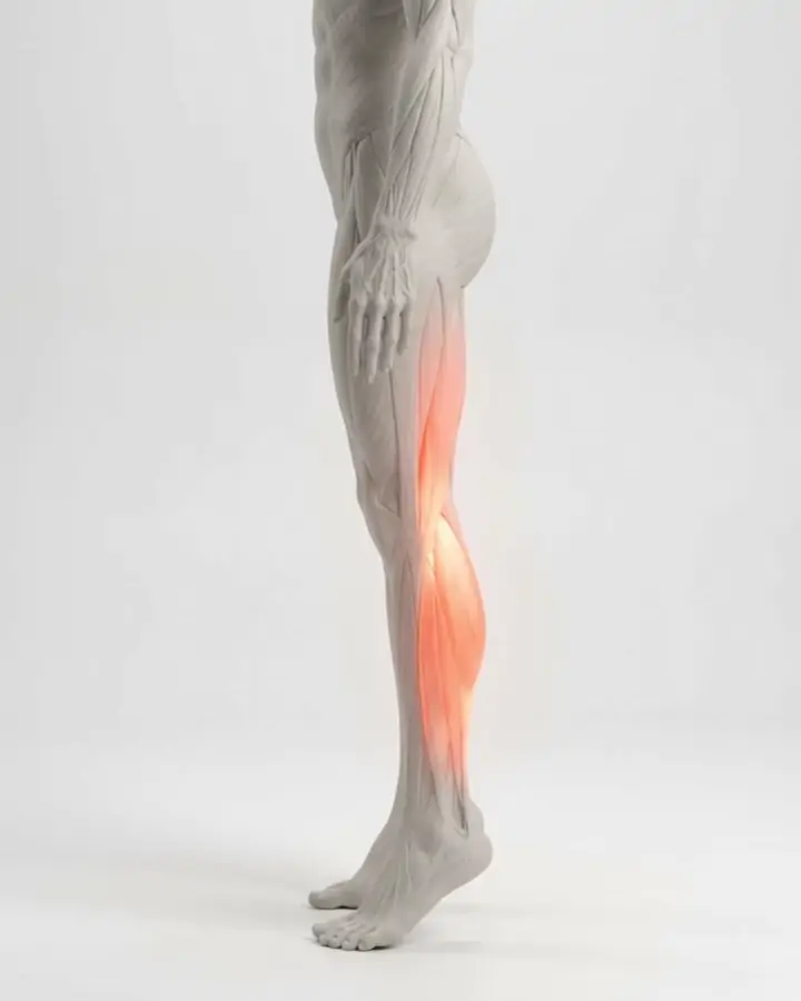 A standing figure rising onto the toes of both feet, the calves highlighted