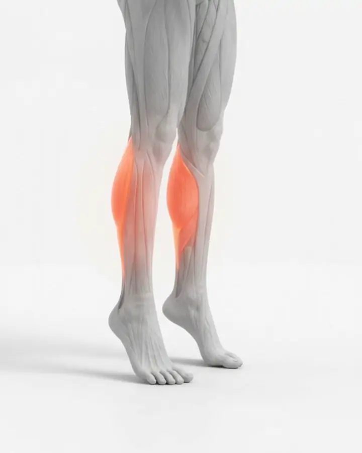 A figure holding a raised position on both feet, the calves highlighted