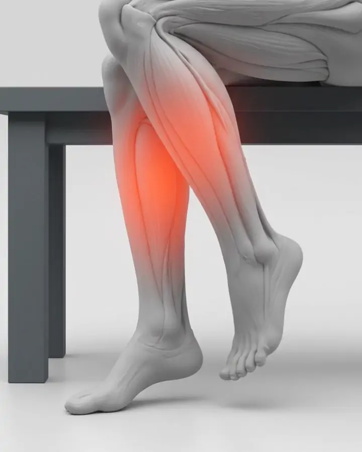 A seated figure lifting both heels, the calves highlighted