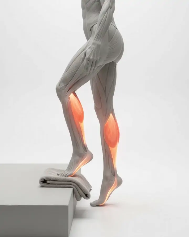 A figure on a step rising onto the toes with a rolled towel under the foot, the calf highlighted