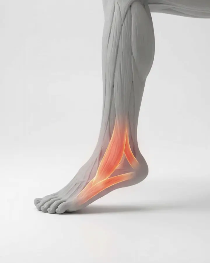 A seated figure with one foot on the floor, the arch rising slightly, intrinsic foot muscles highlighted