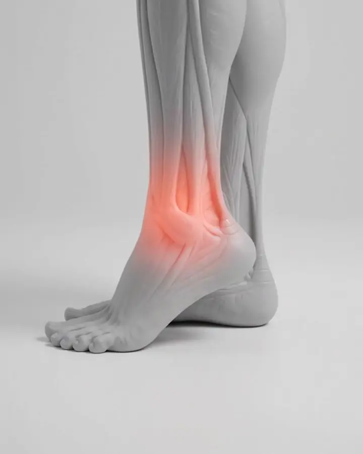 A figure standing on one foot with the arch lifted and the big toe flat